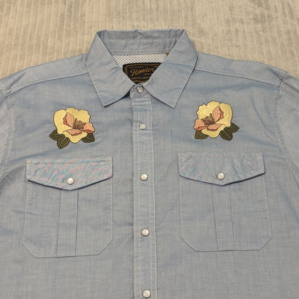 Howler Bros Mens M Gaucho Snap Shirt Pearl Western Irie Hibiscus Floral Flower - Picture 5 of 9